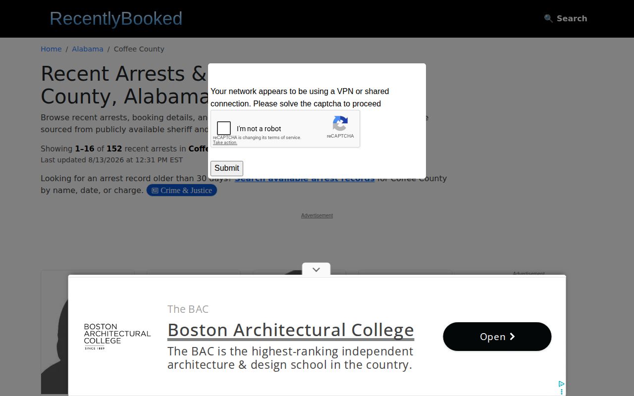 Unofficial RecentlyBooked Coffee County arrest archive interface